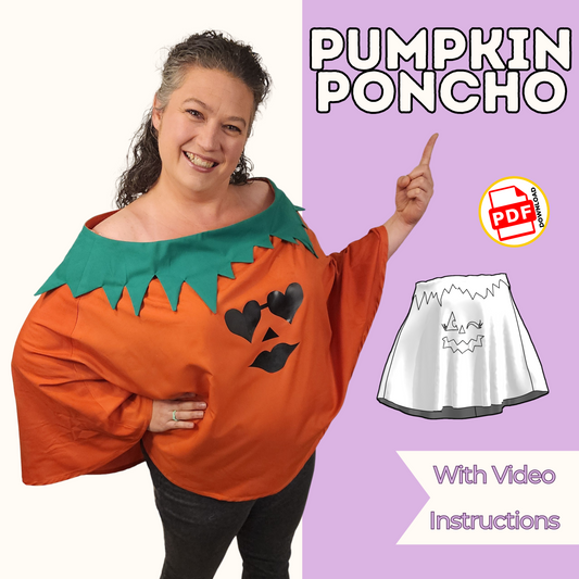 Pumpkin Poncho Sewing Pattern Printable and Projectable Files with 20 Face Options and Step by Step Video Tutorial Sizes XS-5XL