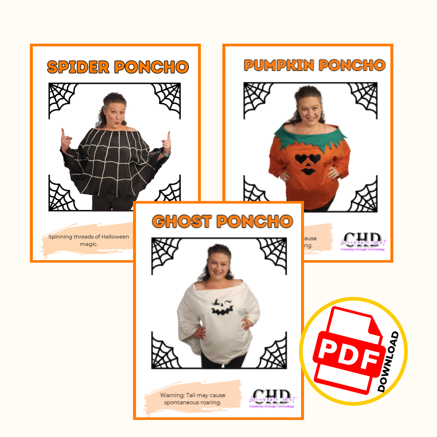 Halloween Poncho Sewing Pattern Bundle Spider Web Pumpkin and Ghost with Video Tutorials Sizes XS-5XL