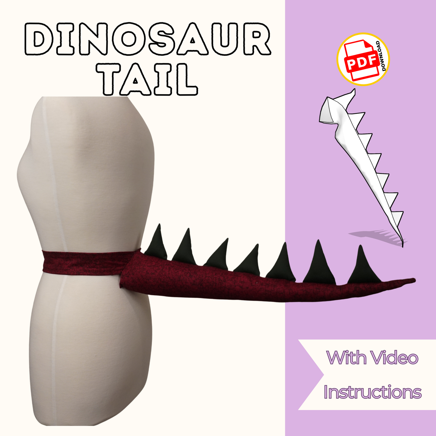 Dinosaur Tail Sewing Pattern PDF – 3 Lengths with Adjustable Waistband – Kids Costume