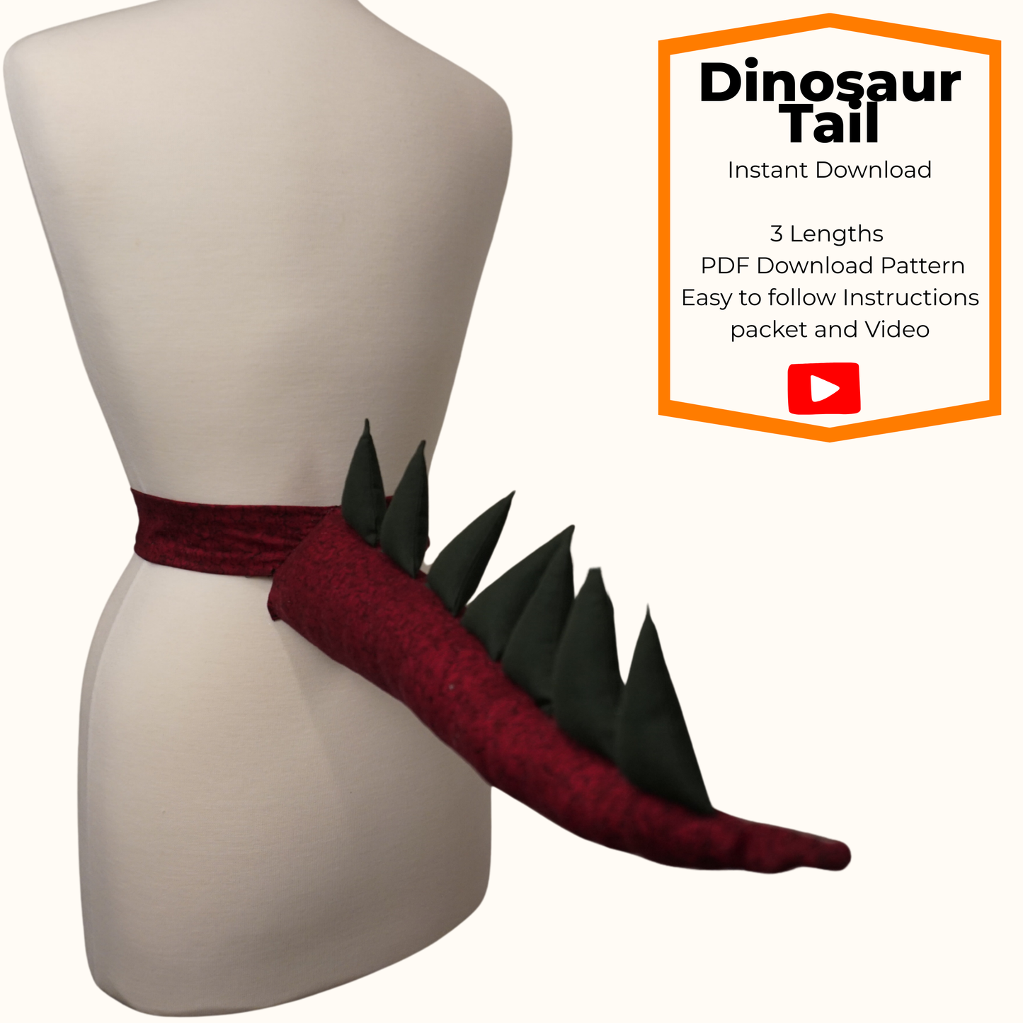 Dinosaur Tail Sewing Pattern PDF – 3 Lengths with Adjustable Waistband – Kids Costume