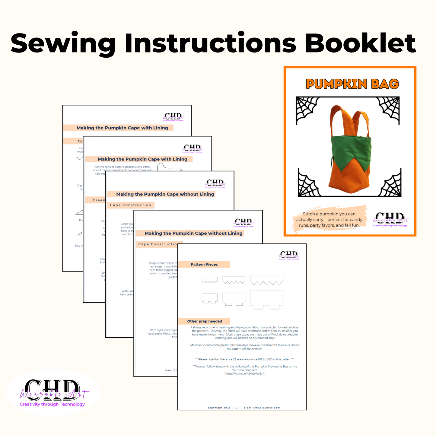 Pumpkin Bag Sewing Pattern: 8 Sizes, Video Tutorial (PDF and Projector Pattern files)