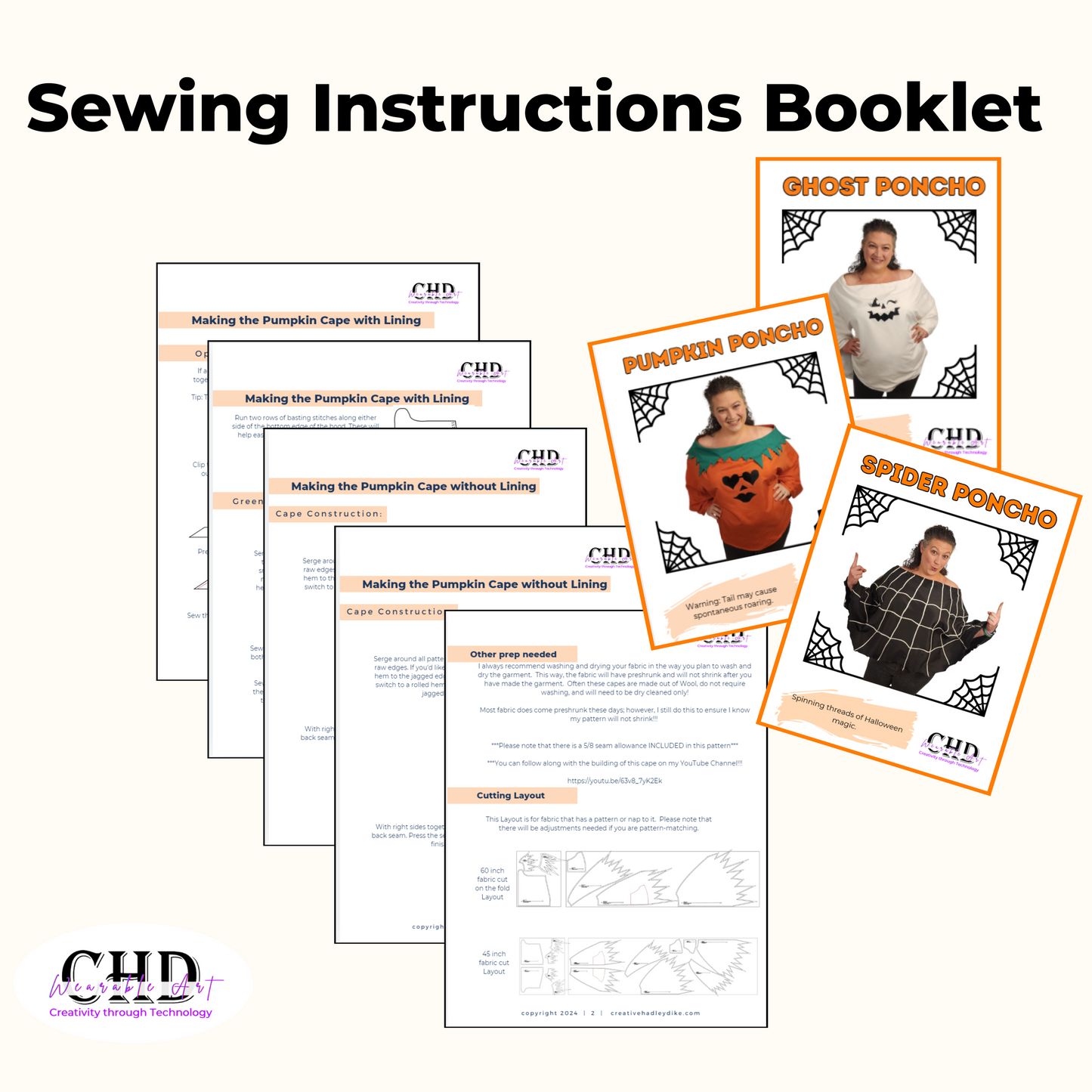 Halloween Poncho Sewing Pattern Bundle Spider Web Pumpkin and Ghost with Video Tutorials Sizes XS-5XL