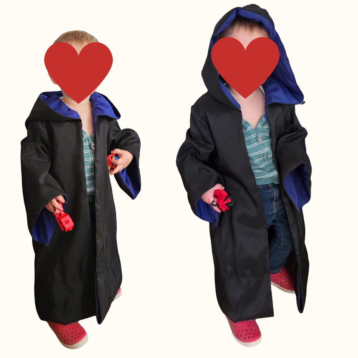 Two toddlers wearing black wizard robes with blue lined hoods, front and side view of the finished toddler robe