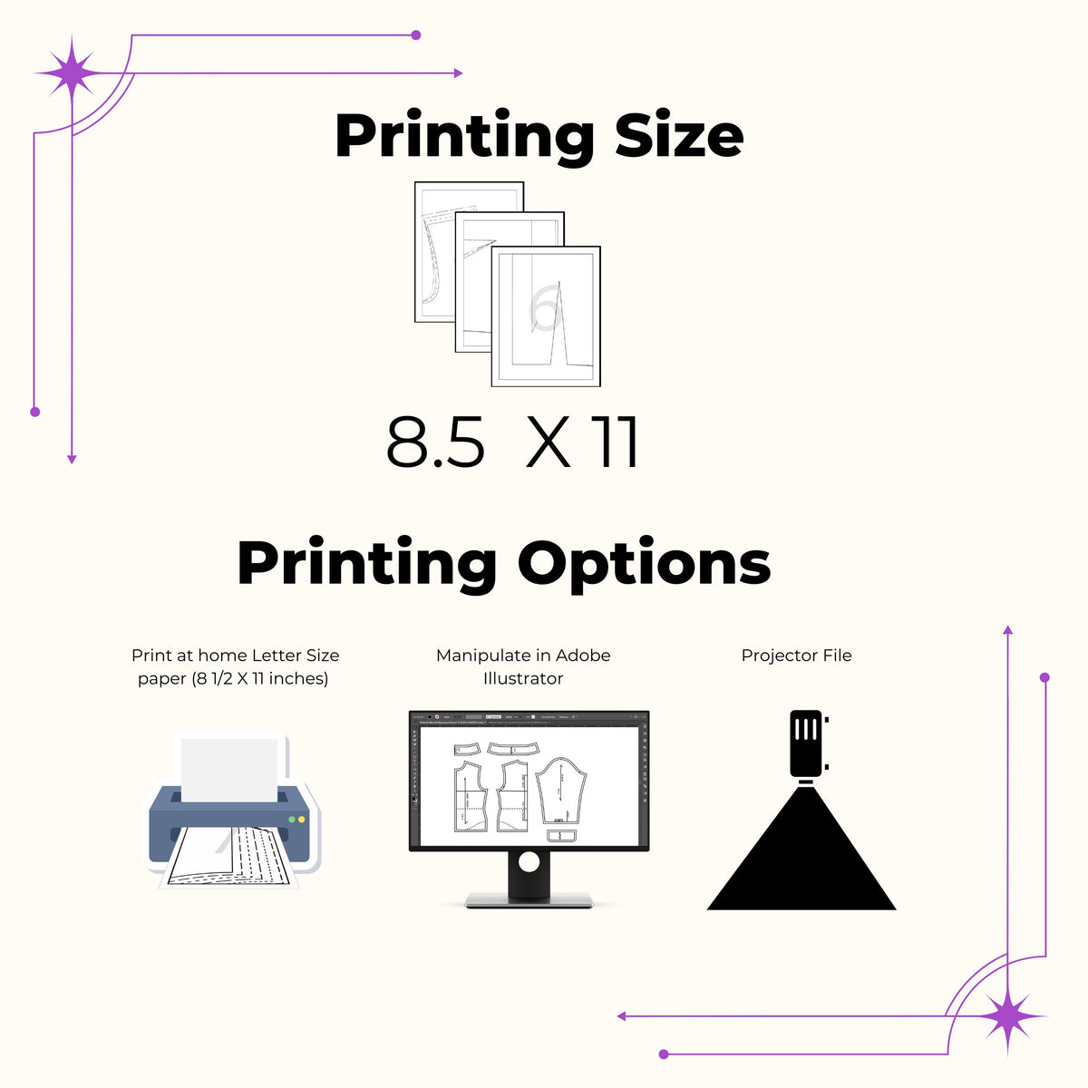 Printing size and options for the men's half scale pattern: letter paper, Adobe Illustrator or projector