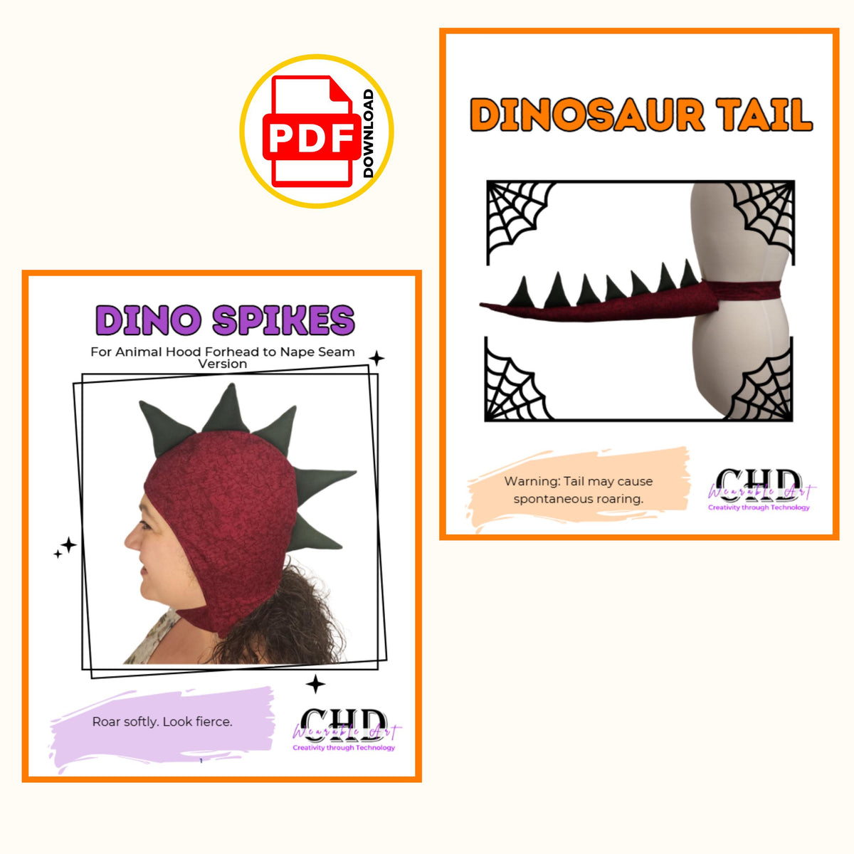 Dino spikes hood and dinosaur tail PDF pattern covers