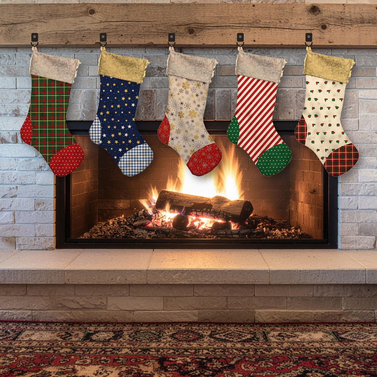 Five handmade classic stockings in plaid, navy star, snowflake, red stripe and holly prints hung along a fireplace mantel