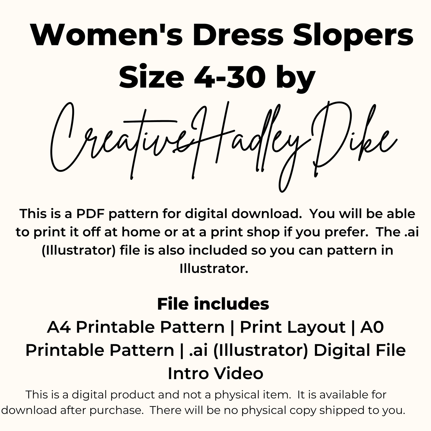 Women's Dress Block, Women's Sloper Set, PDf Women's Dress Pattern, Basic Pattern Set, Pattern Sizes 4-30, Slopers Make Your Own Patterns