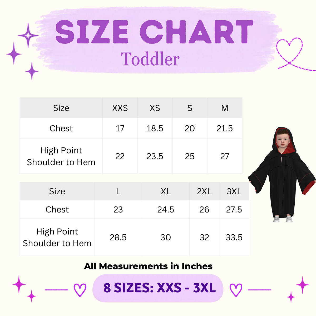 Toddler wizard robe size chart with chest and high point shoulder to hem measurements in inches, 8 sizes XXS to 3XL