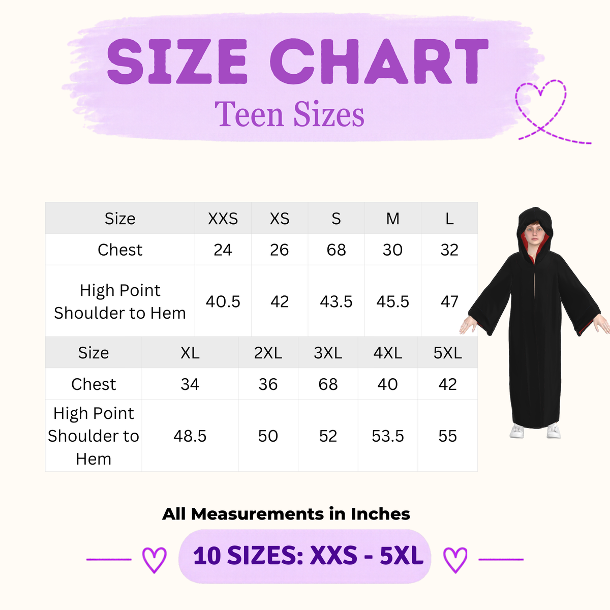 Teen wizard robe size chart with chest and high point shoulder to hem measurements in inches, 10 sizes XXS to 5XL