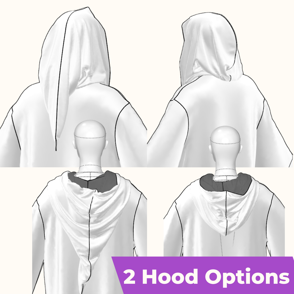 Two hood options for the wizard robe pattern shown in 3D: a dramatic pointed wizard hood and a softer curved hood, both with a gathered back