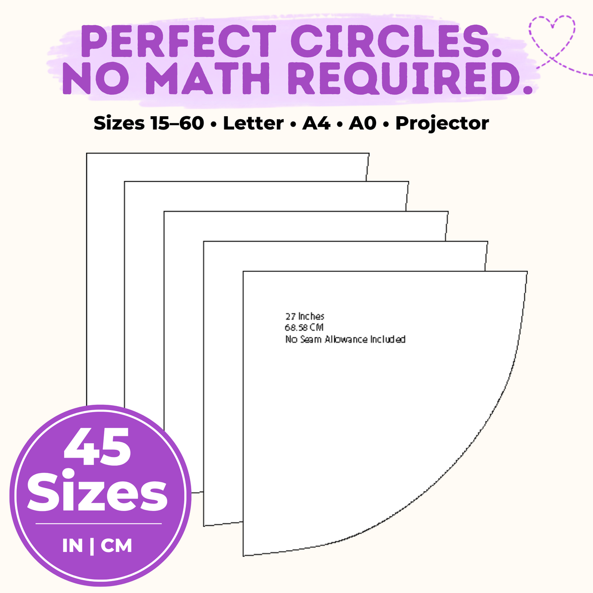 Circle Template PDF for Sewing and Quilting 15 to 60 Sizes Quarter Circle Ruler A4 Letter A0 Projector