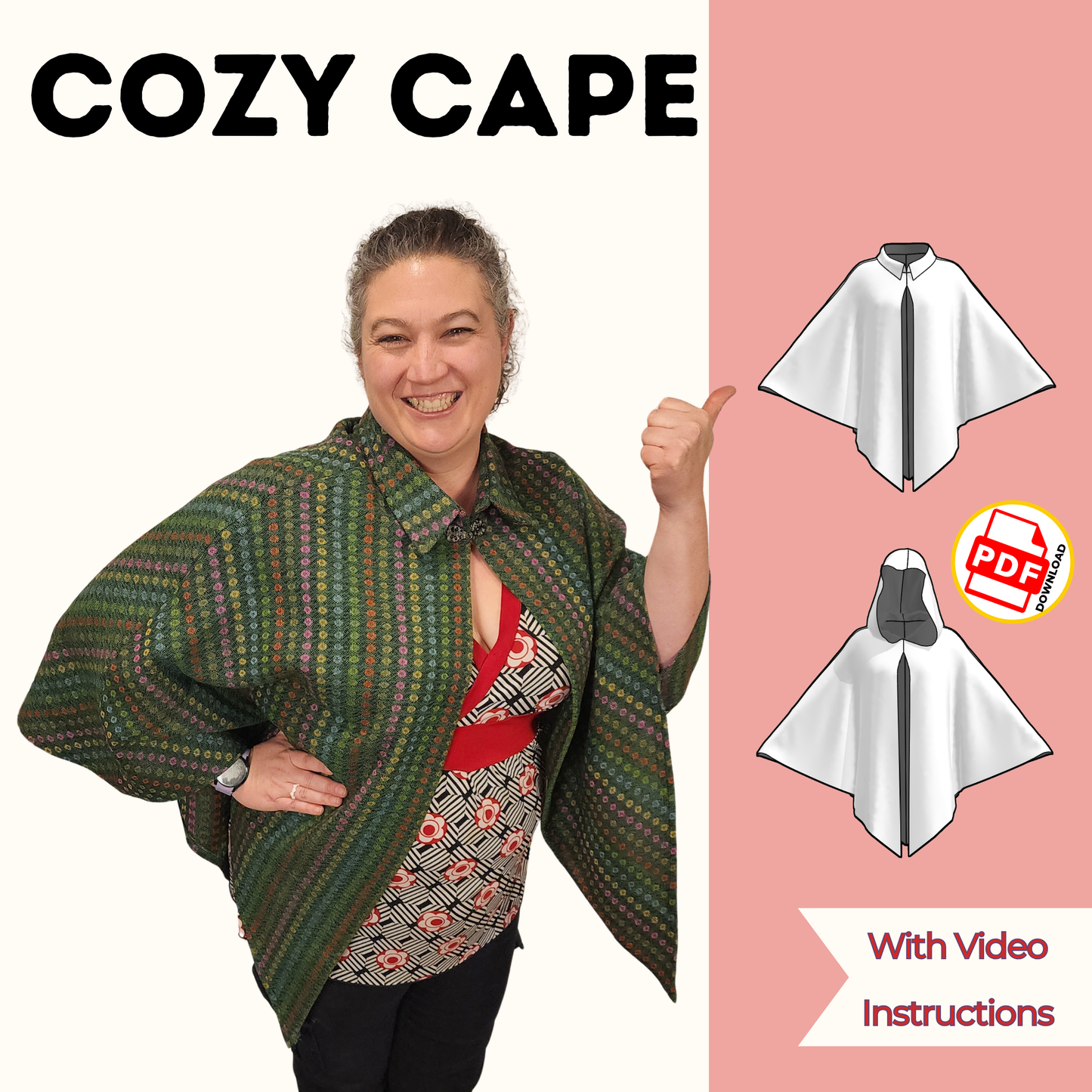 Cozy Cape Sewing Pattern PDF – Beginner Friendly Cape with Collar or Hood Options, 12 Sizes