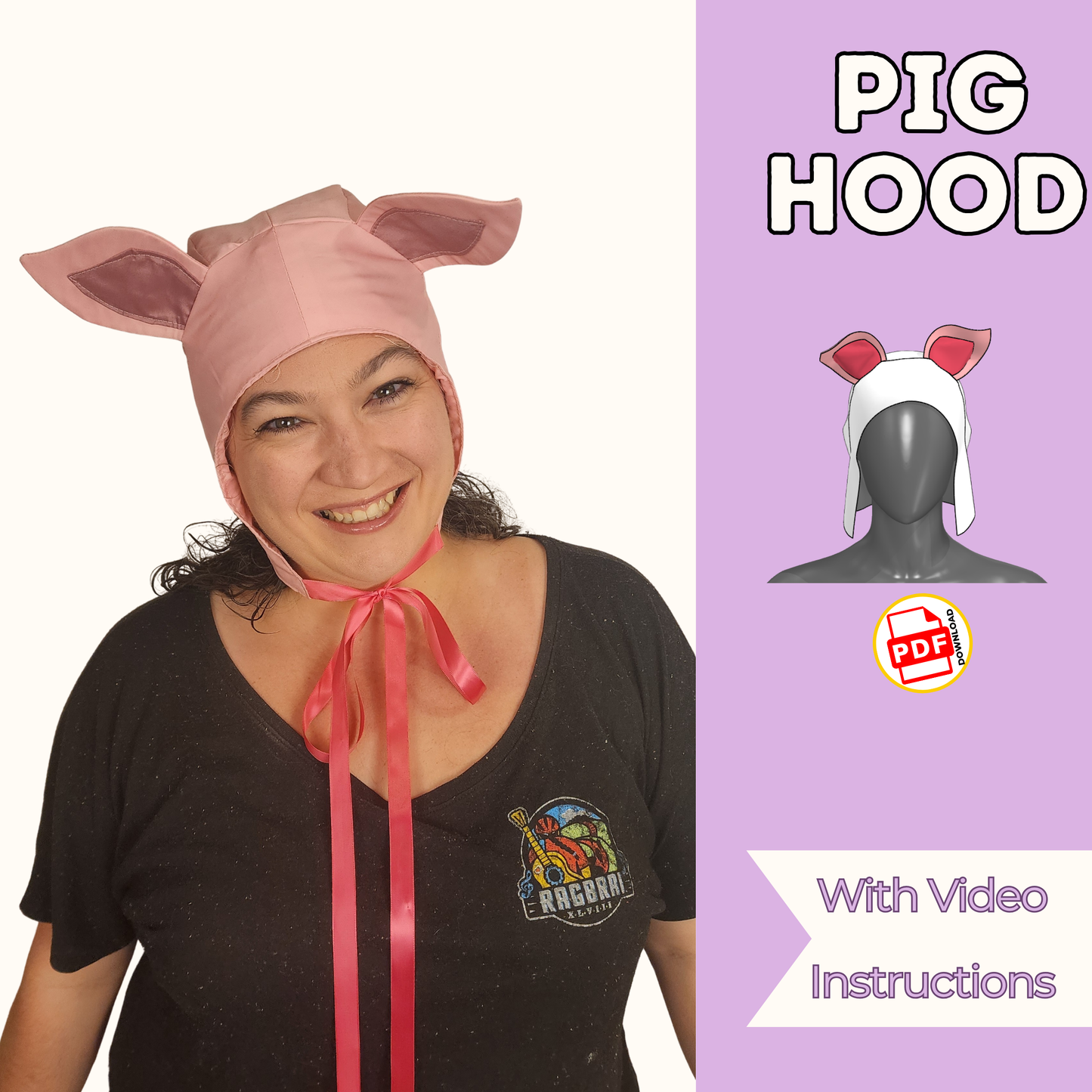 Pig Hood Sewing Pattern, PDF + Projector  8-Sizes