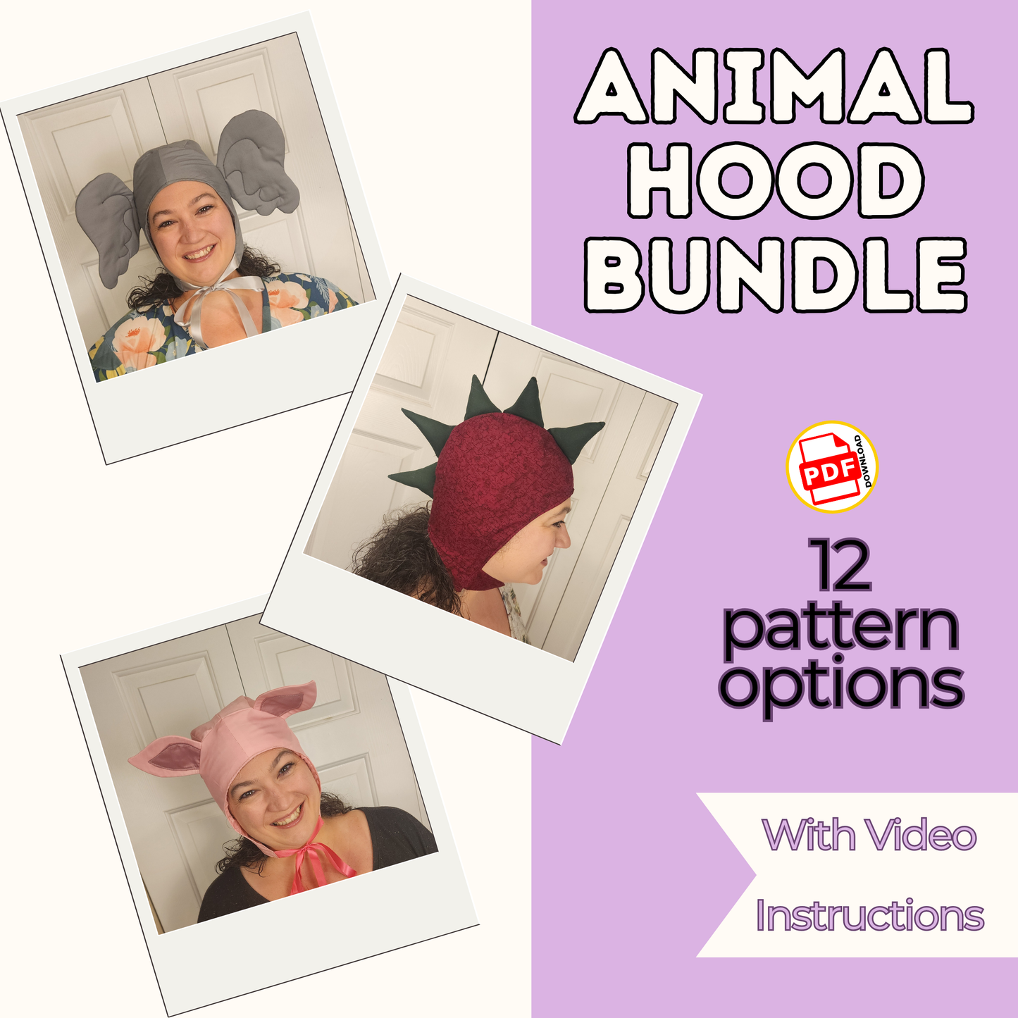 Animal Ears Costume Hood Sewing Pattern Bundle (PDF) XS-4XL
