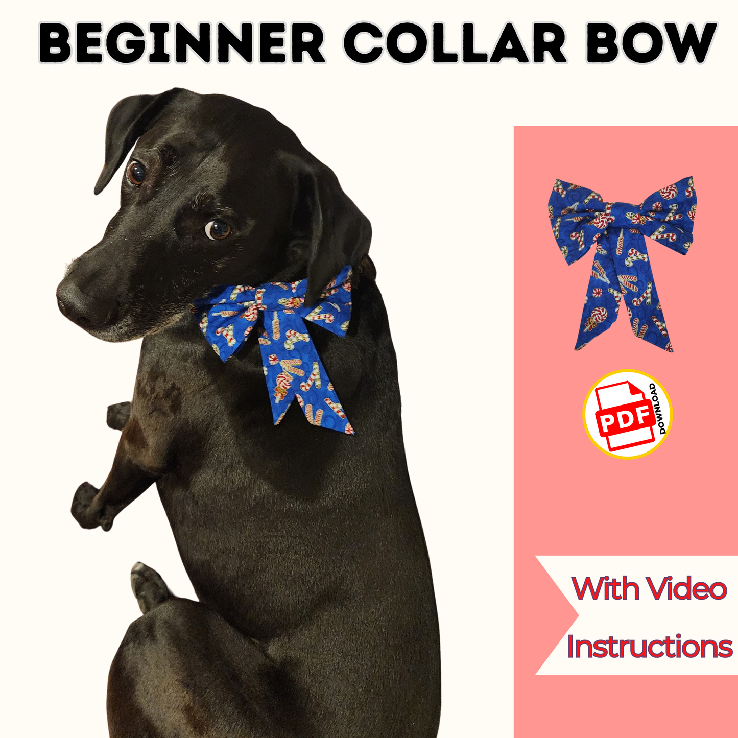 Pet Collar Bow Sewing Pattern, Easy Beginner PDF and Projector Files with 8 Sizes