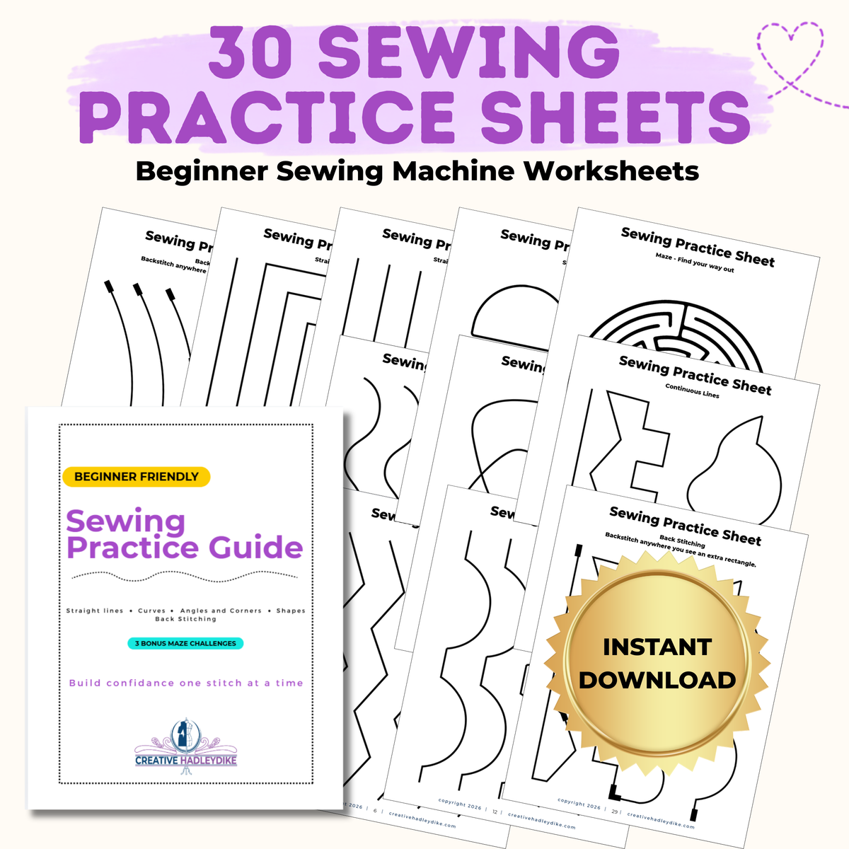 Sewing Practice Sheets for Beginners | 30 Printable Sewing Machine Worksheets | Learn to Sew Lines, Curves, Corners & Mazes | PDF