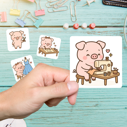 Pig Sewing Sticker Set –  for Sewists & Crafters – 1" or 2" Vinyl Stickers