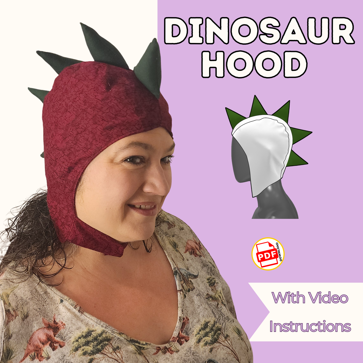 Dinosaur Spikes Hood Sewing Pattern, PDF + Projector  8-Sizes