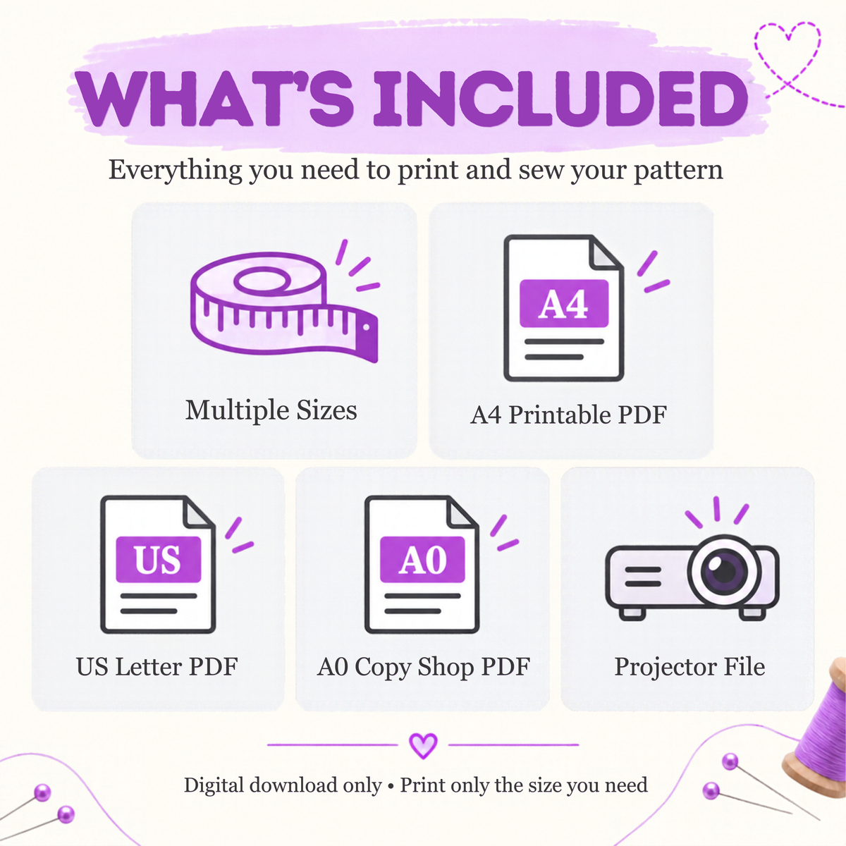 What's included in the wizard robe pattern: multiple sizes, A4 printable PDF, US letter PDF, A0 copy shop PDF and projector file