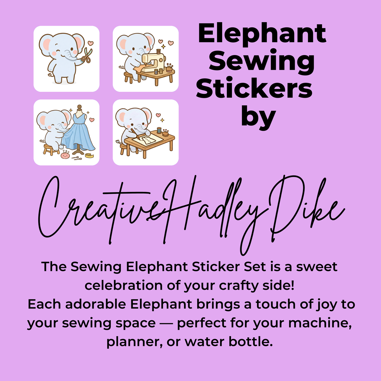 Elephant Sewing Sticker Set – for Sewists & Crafters – 1" or 2" Vinyl Stickers