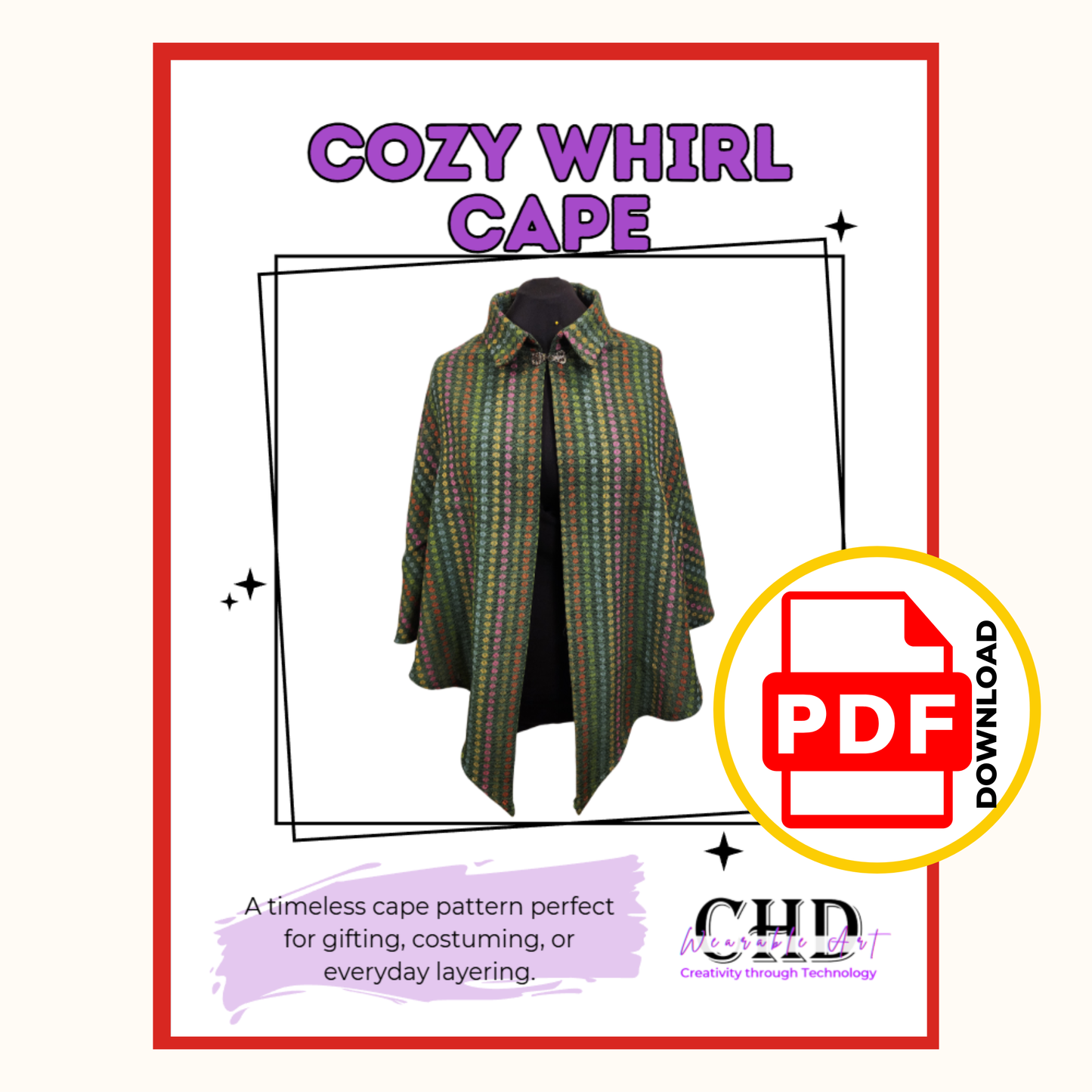 Cozy Cape Sewing Pattern PDF – Beginner Friendly Cape with Collar or Hood Options, 12 Sizes
