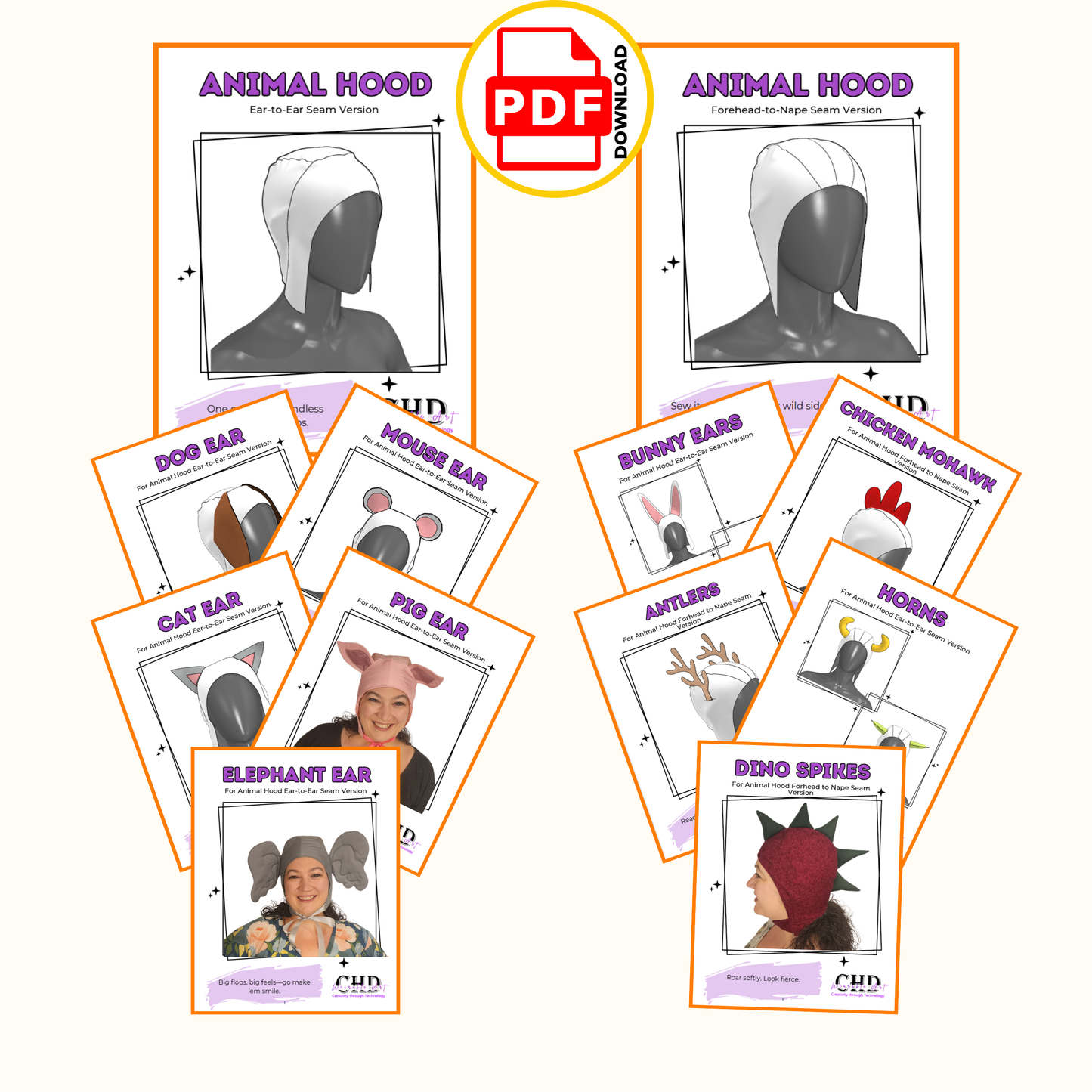 Animal Ears Costume Hood Sewing Pattern Bundle (PDF) XS-4XL