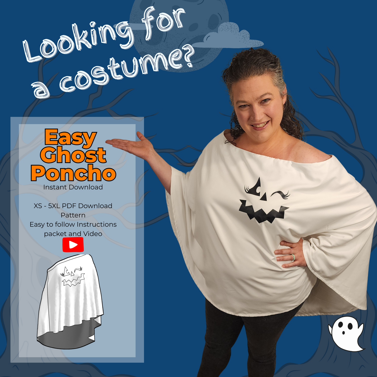 Ghost Poncho PDF Sewing Pattern with Printable  & Projector Files and Step-by-Step Sew Along Video Sizes XS-5XL