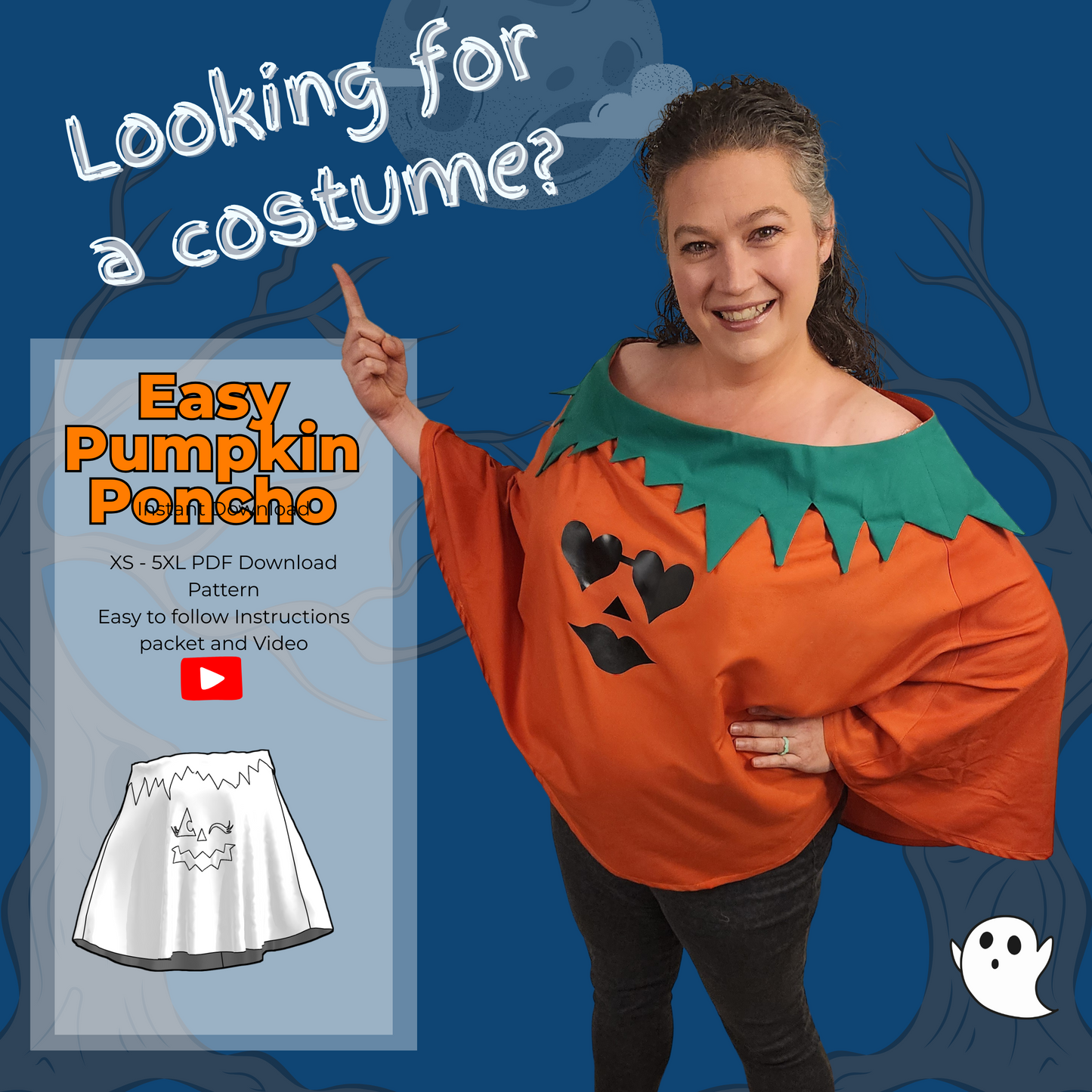 Pumpkin Poncho Sewing Pattern Printable and Projectable Files with 20 Face Options and Step by Step Video Tutorial Sizes XS-5XL