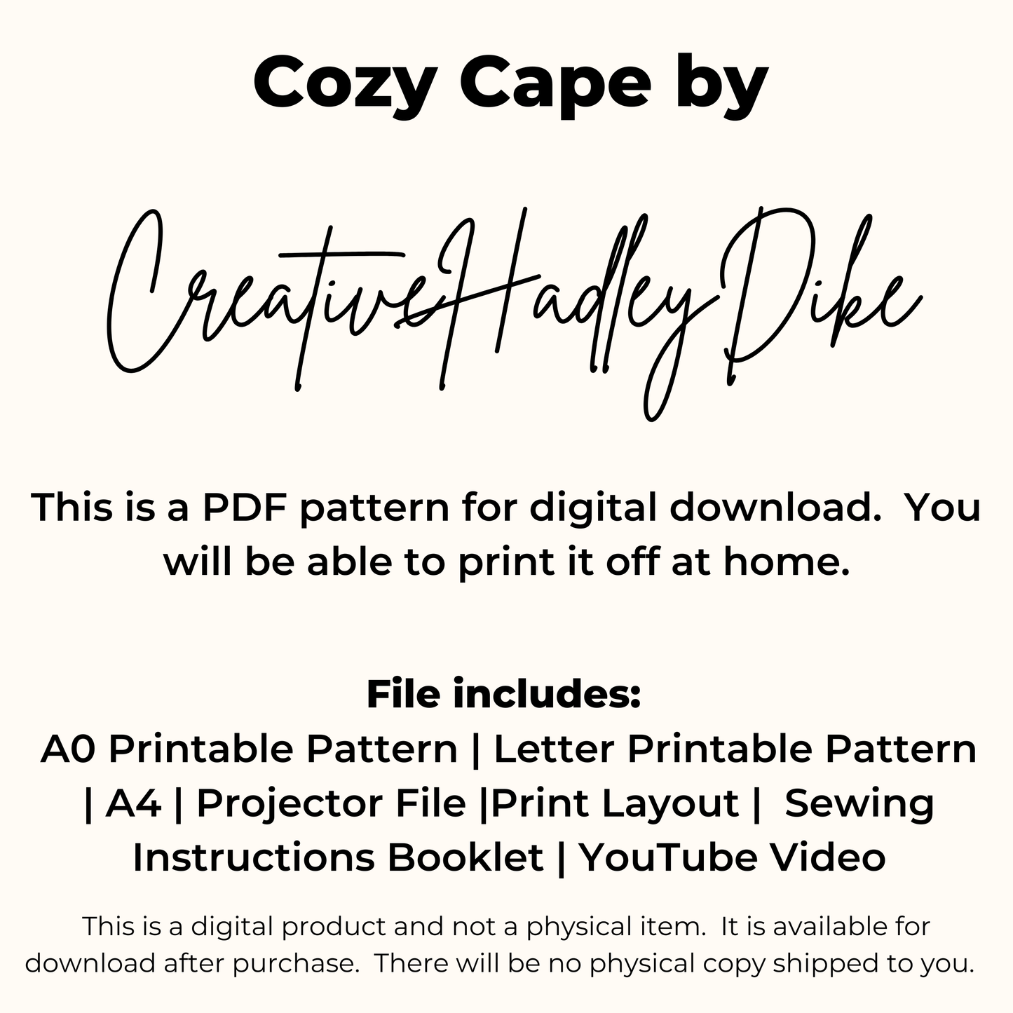Cozy Cape Sewing Pattern PDF – Beginner Friendly Cape with Collar or Hood Options, 12 Sizes