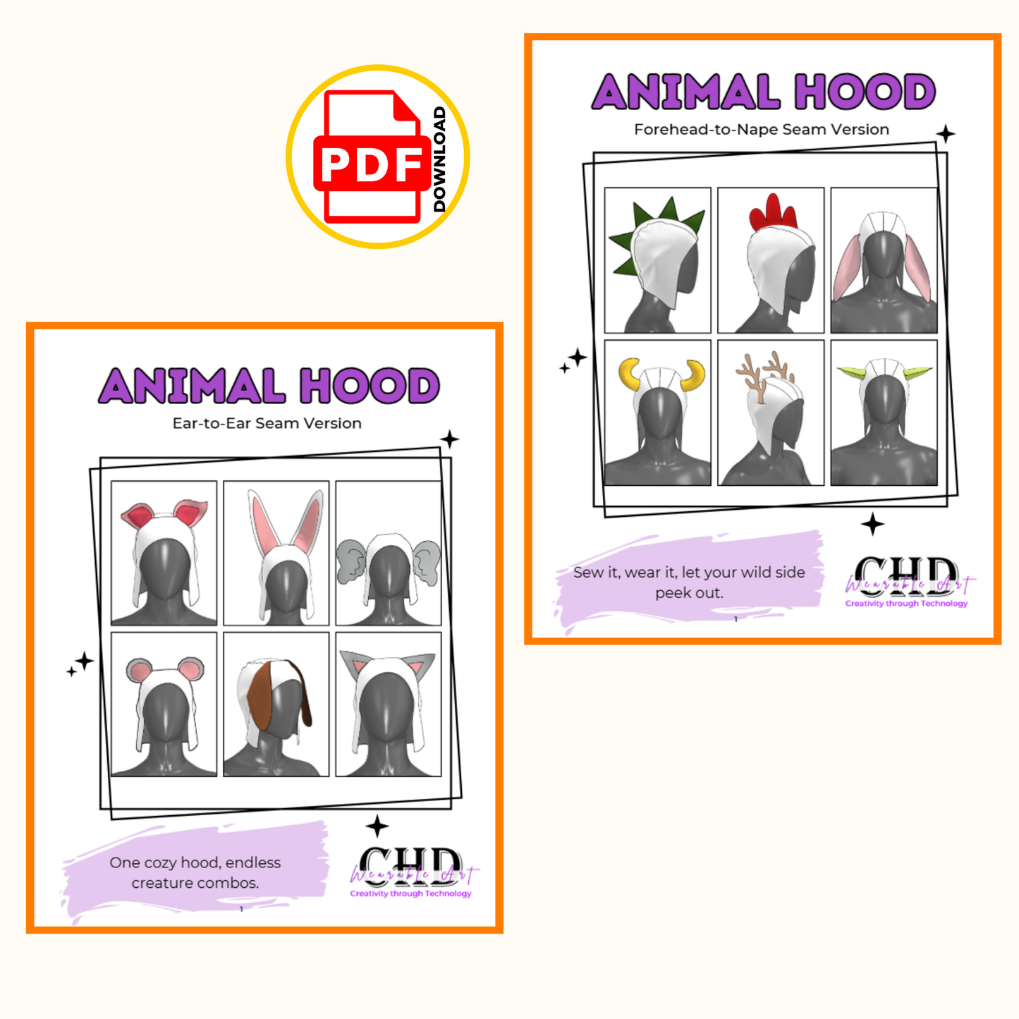 Animal Ears Costume Hood Sewing Pattern Bundle (PDF) XS-4XL