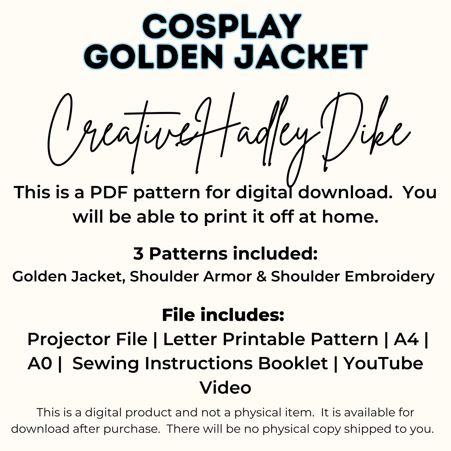 Black & Gold Fantasy Jacket Sewing Pattern, K-Pop Inspired Cosplay, 18 Sizes (PDF and Projector Files)