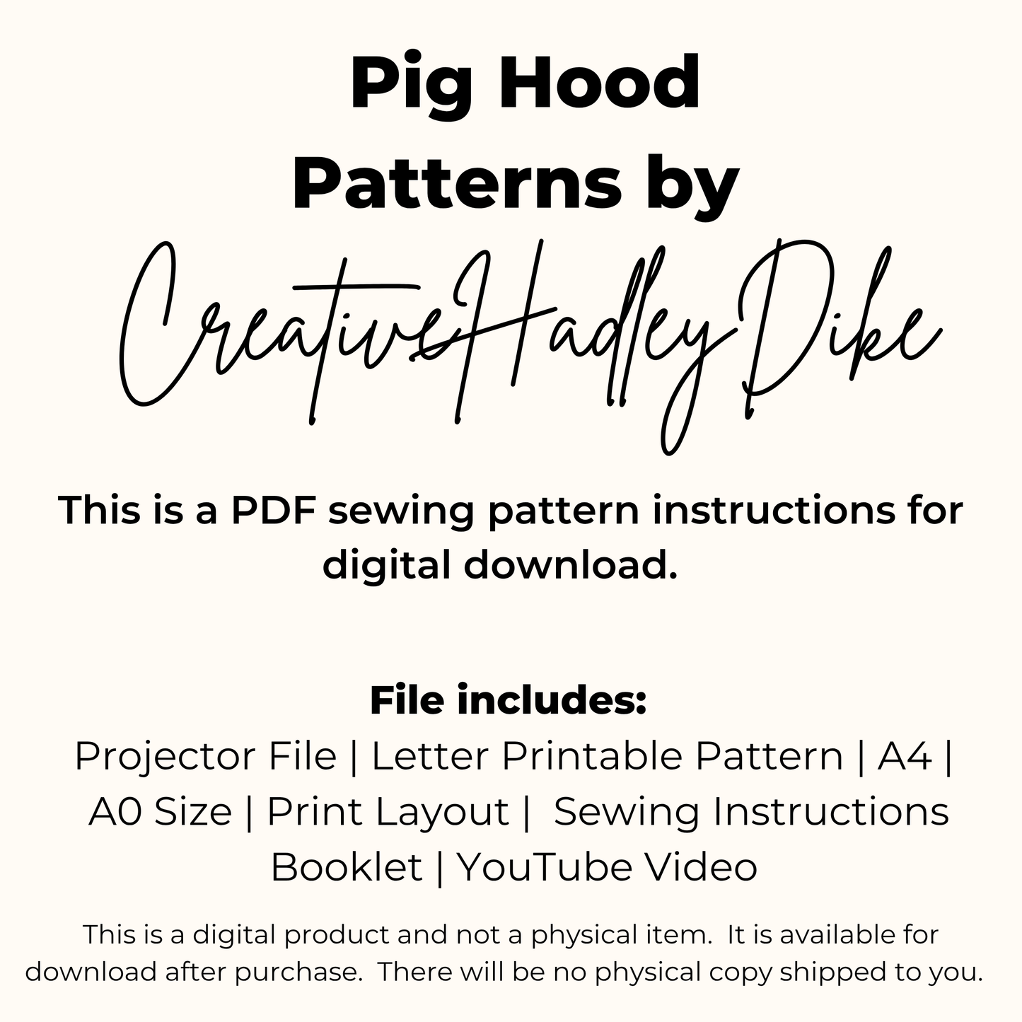Pig Hood Sewing Pattern, PDF + Projector  8-Sizes