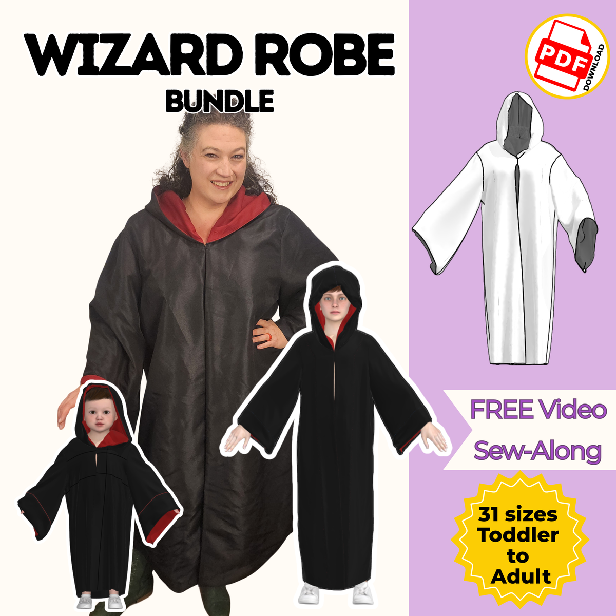 Wizard robe pattern bundle cover showing an adult, teen and toddler in matching black hooded robes with red lining, free video sew-along, 31 sizes toddler to adult
