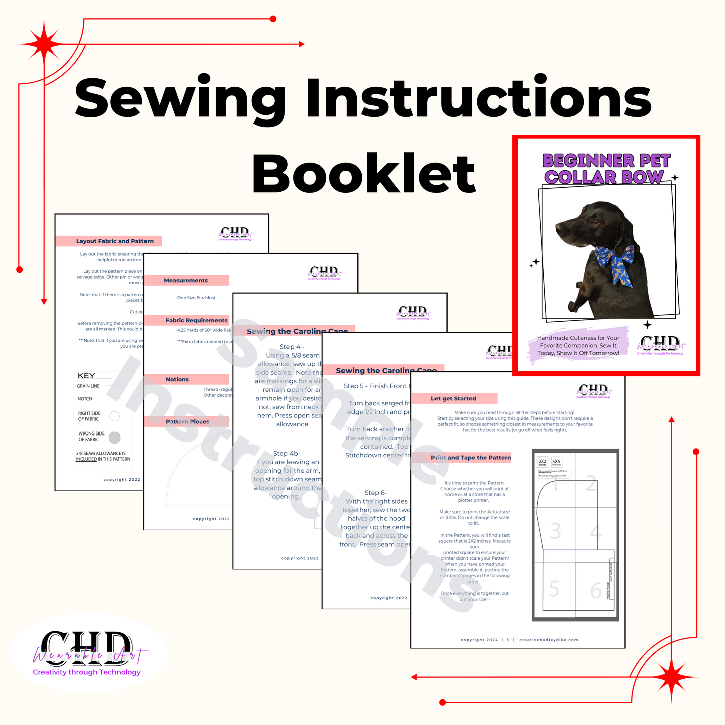 Pet Collar Bow Sewing Pattern, Easy Beginner PDF and Projector Files with 8 Sizes
