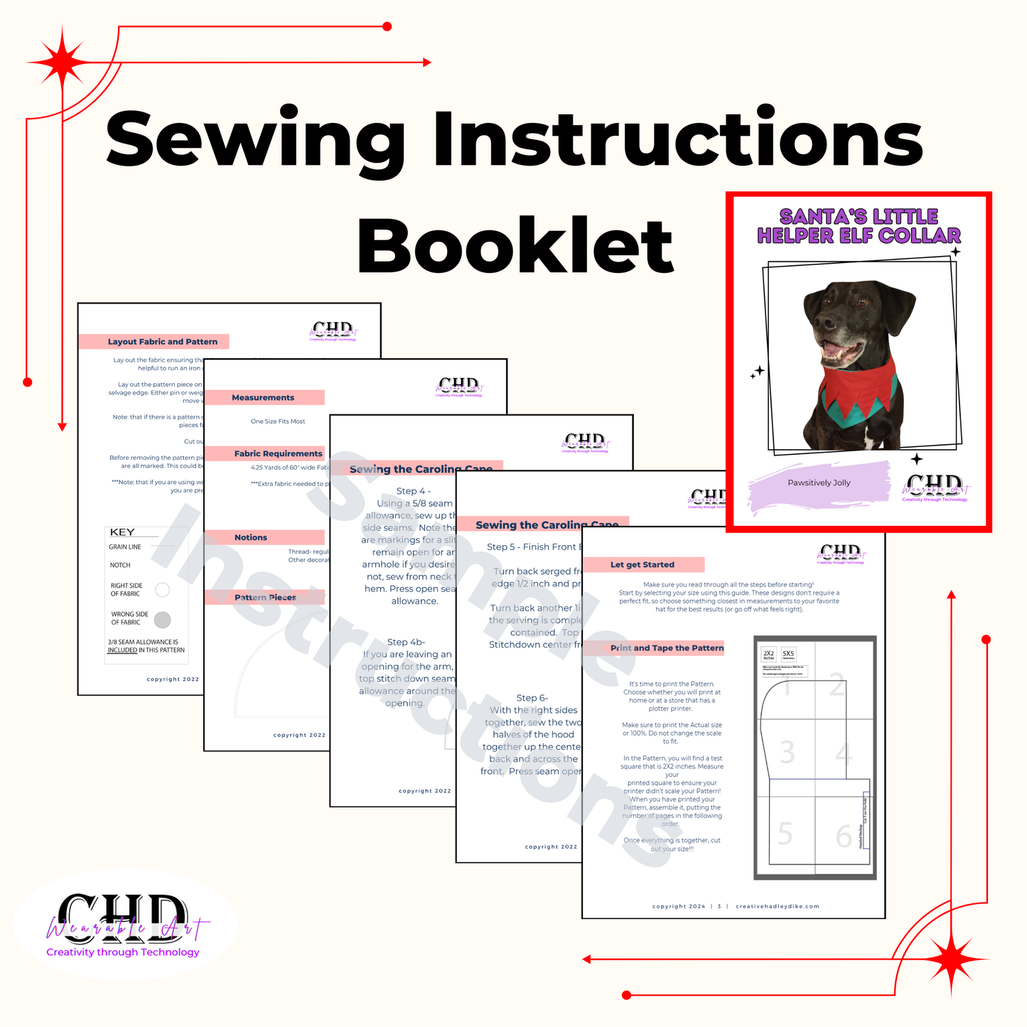 Holiday Pet Over-Collar Sewing Pattern, Easy Beginner PDF and Projector Files with 8 Sizes