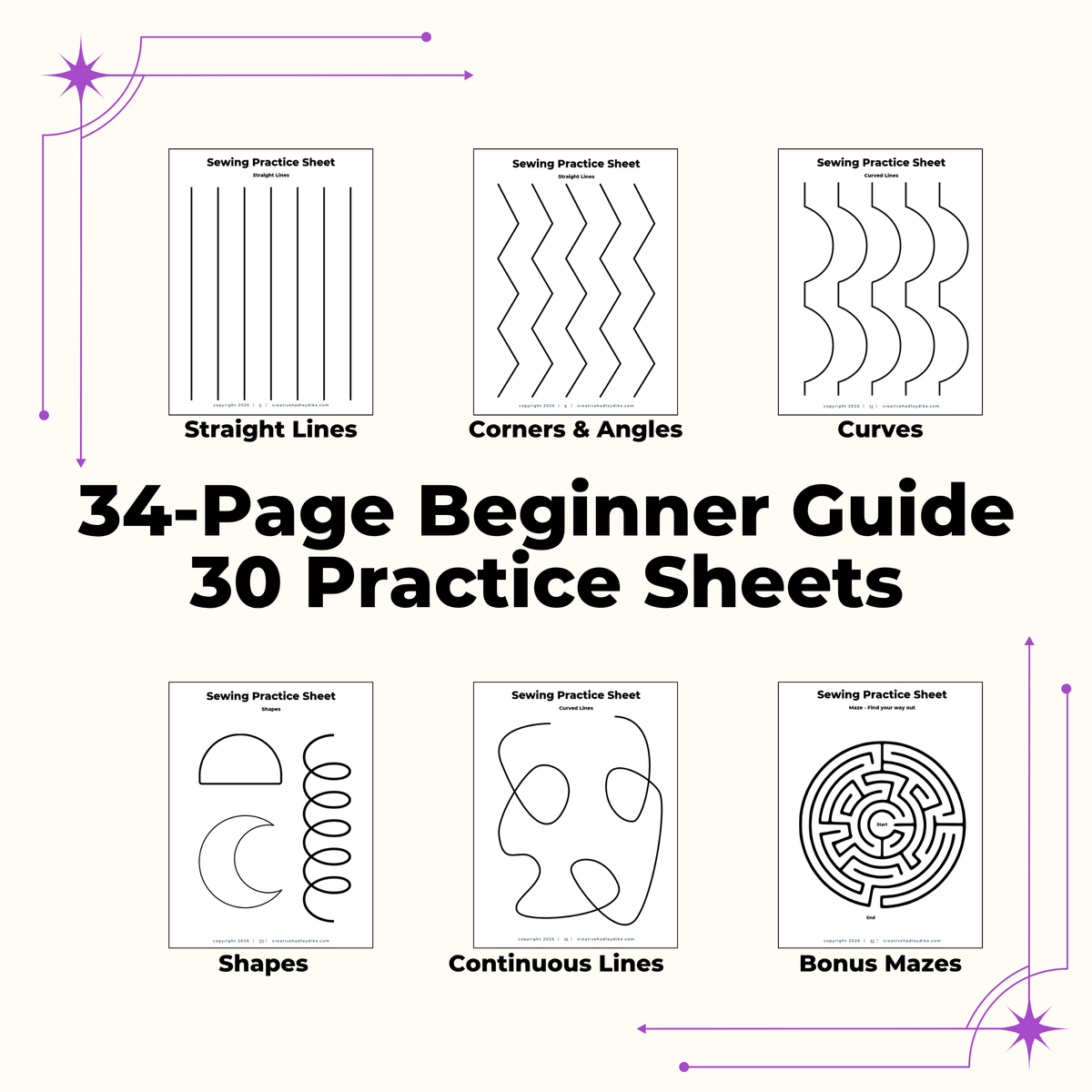 Sewing Practice Sheets for Beginners | 30 Printable Sewing Machine Worksheets | Learn to Sew Lines, Curves, Corners & Mazes | PDF