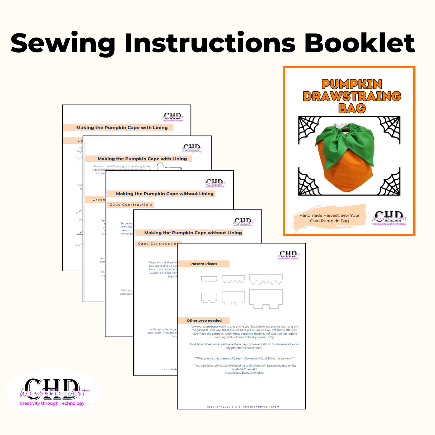 Pumpkin Bag Sewing Pattern with 3 Sizes, Printable PDF and Projector File, and Step-bystep video tutorial