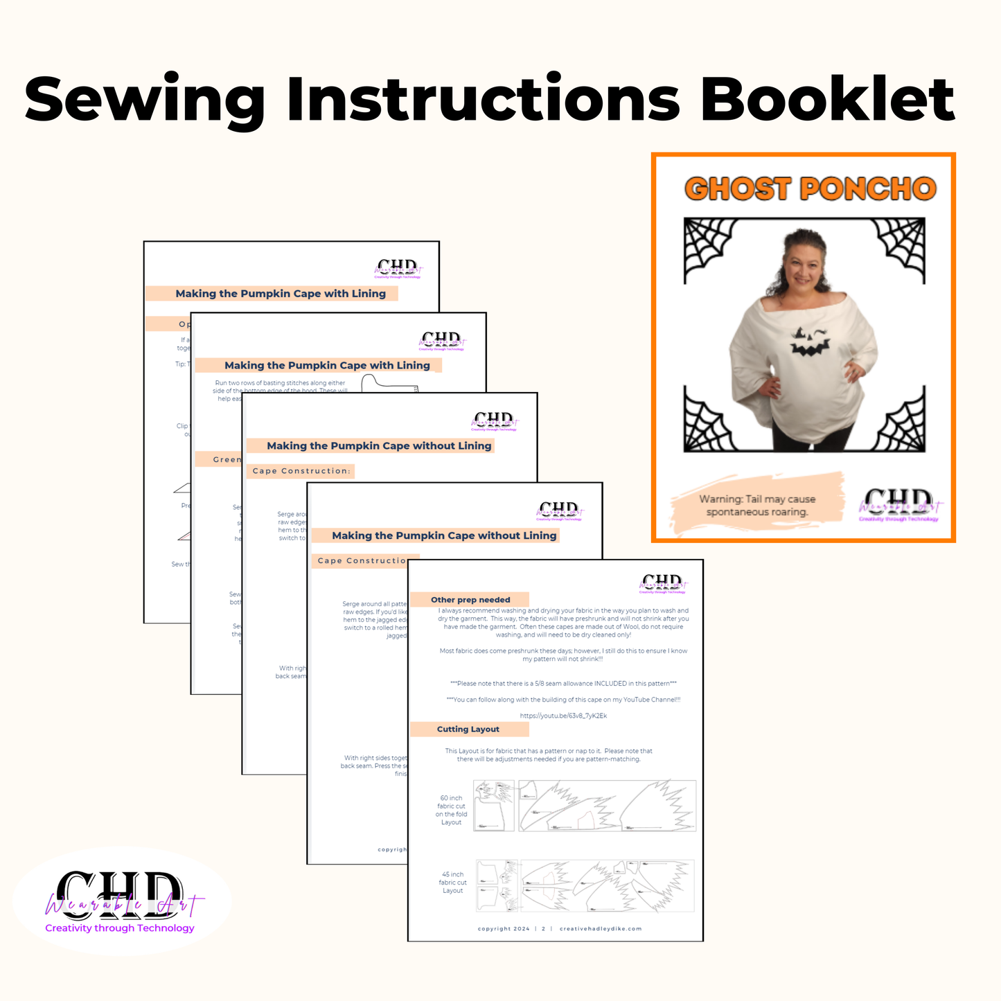 Ghost Poncho PDF Sewing Pattern with Printable  & Projector Files and Step-by-Step Sew Along Video Sizes XS-5XL