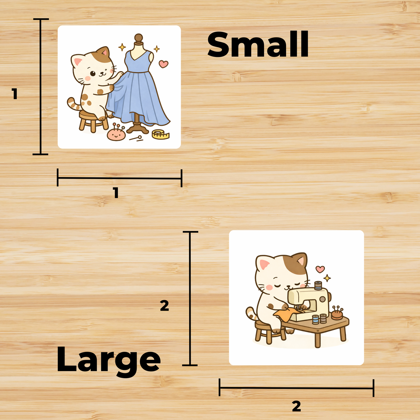 Tan Cat Sewing Sticker Set –  for Sewists & Crafters – 1" or 2" Vinyl Stickers