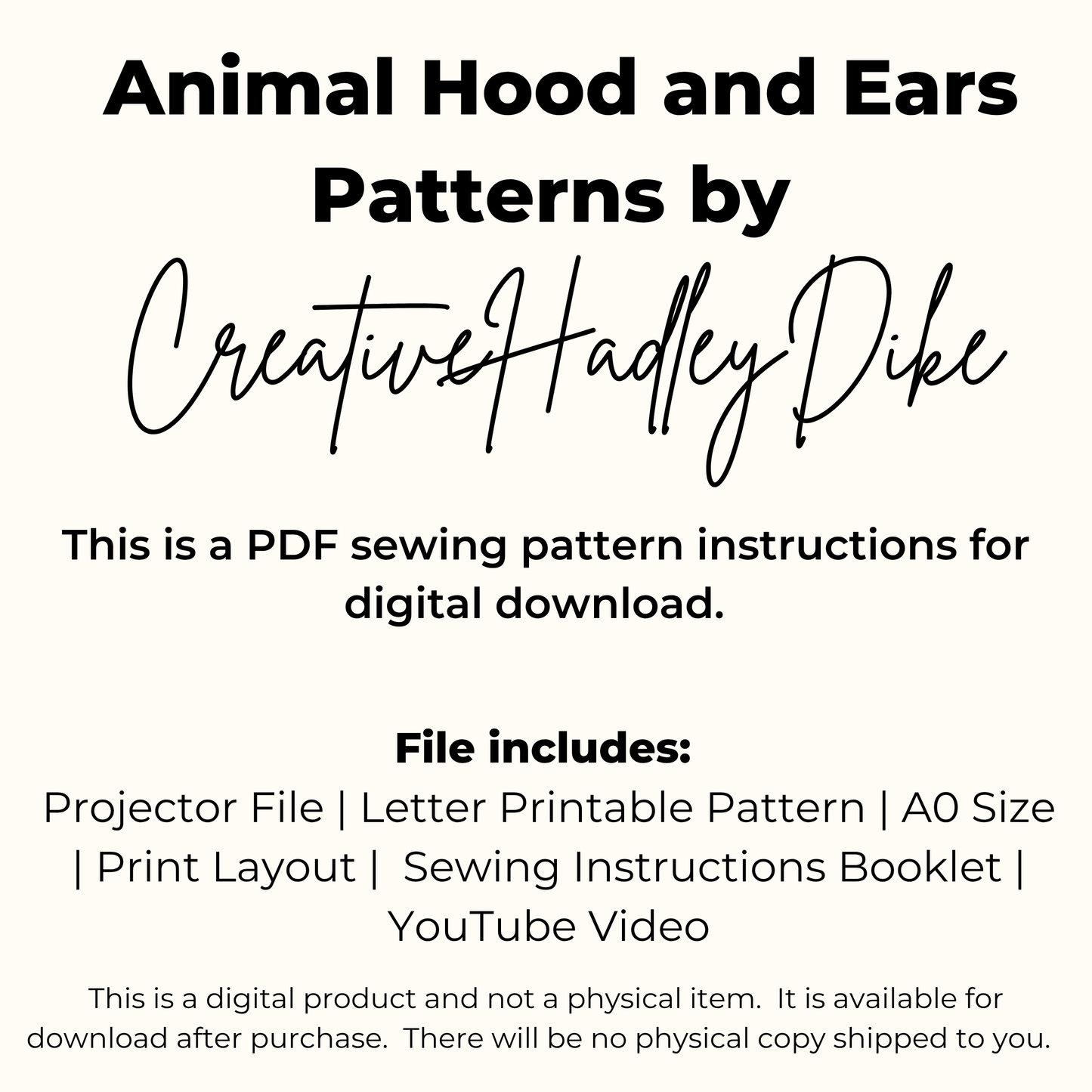 Animal Ears Costume Hood Sewing Pattern Bundle (PDF) XS-4XL