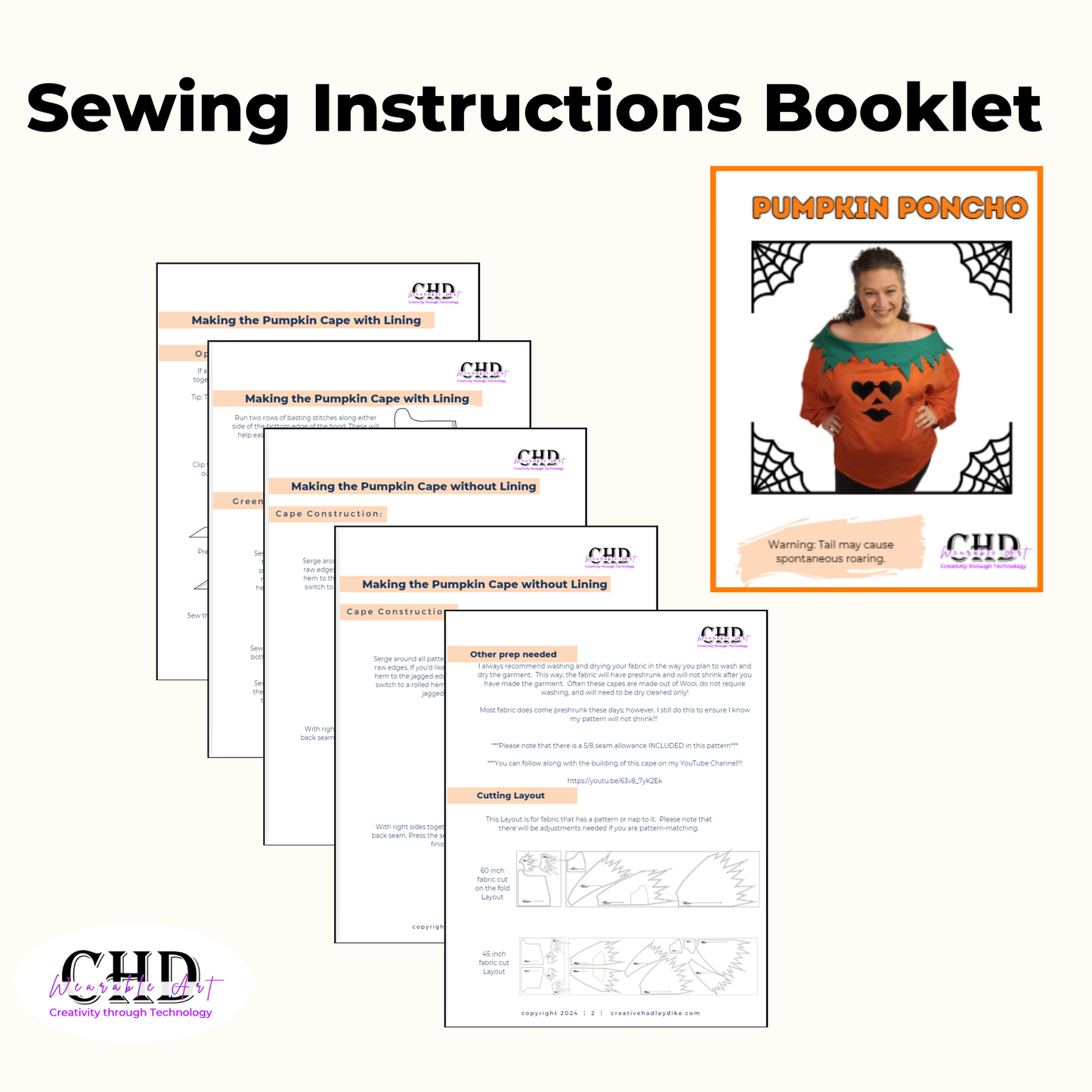 Pumpkin Poncho Sewing Pattern Printable and Projectable Files with 20 Face Options and Step by Step Video Tutorial Sizes XS-5XL