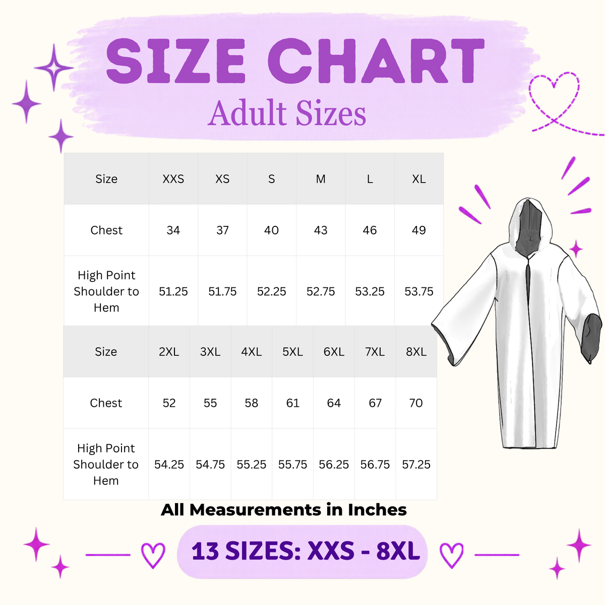Adult wizard robe size chart with chest and high point shoulder to hem measurements in inches, 13 sizes XXS to 8XL