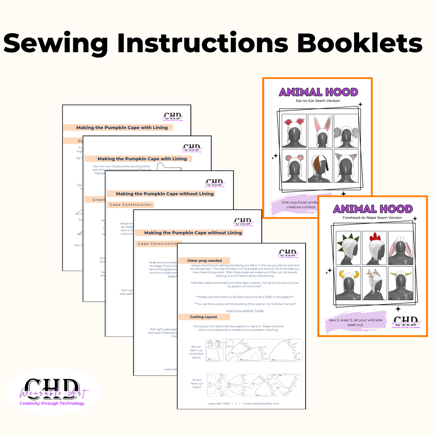 Animal Ears Costume Hood Sewing Pattern Bundle (PDF) XS-4XL