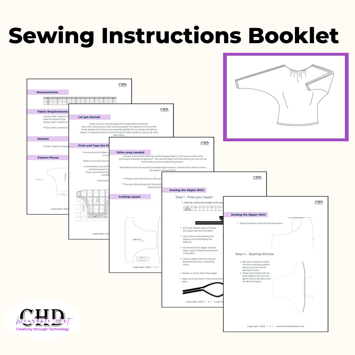 Sewing instructions booklet pages for the boatneck zipper shirt