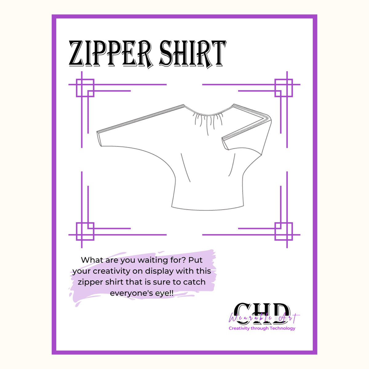 Zipper shirt PDF sewing pattern cover with a flat drawing of the boatneck top
