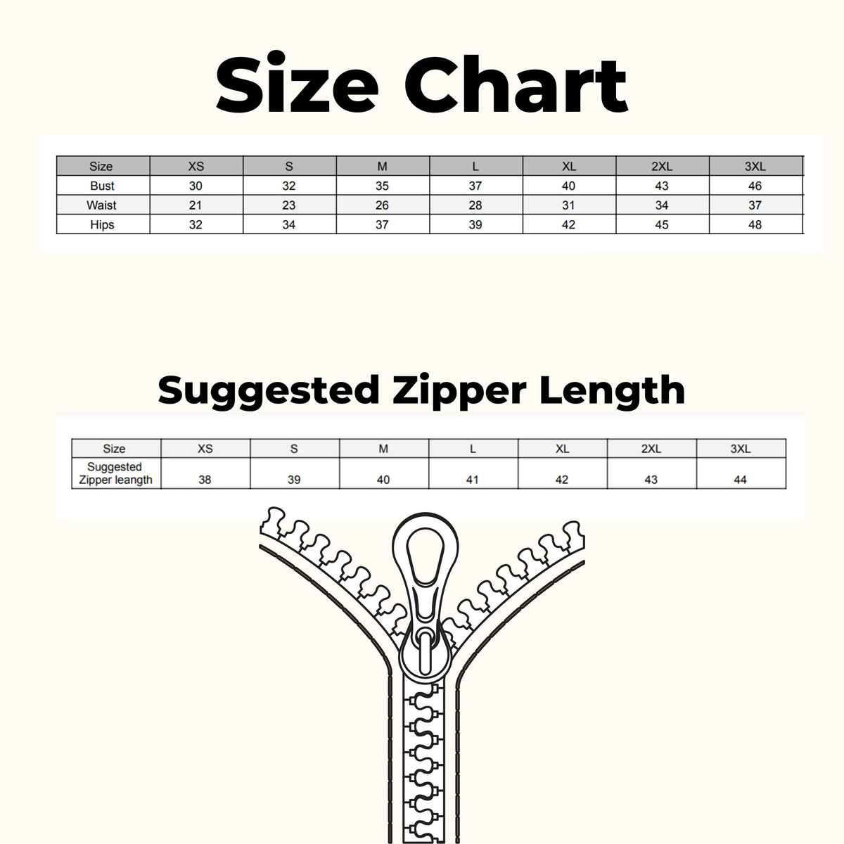 Boatneck zipper shirt size chart XS to 3XL with suggested zipper lengths
