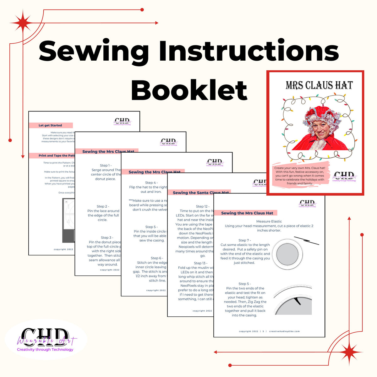 Sewing instructions booklet pages for the Mrs Claus hat pattern