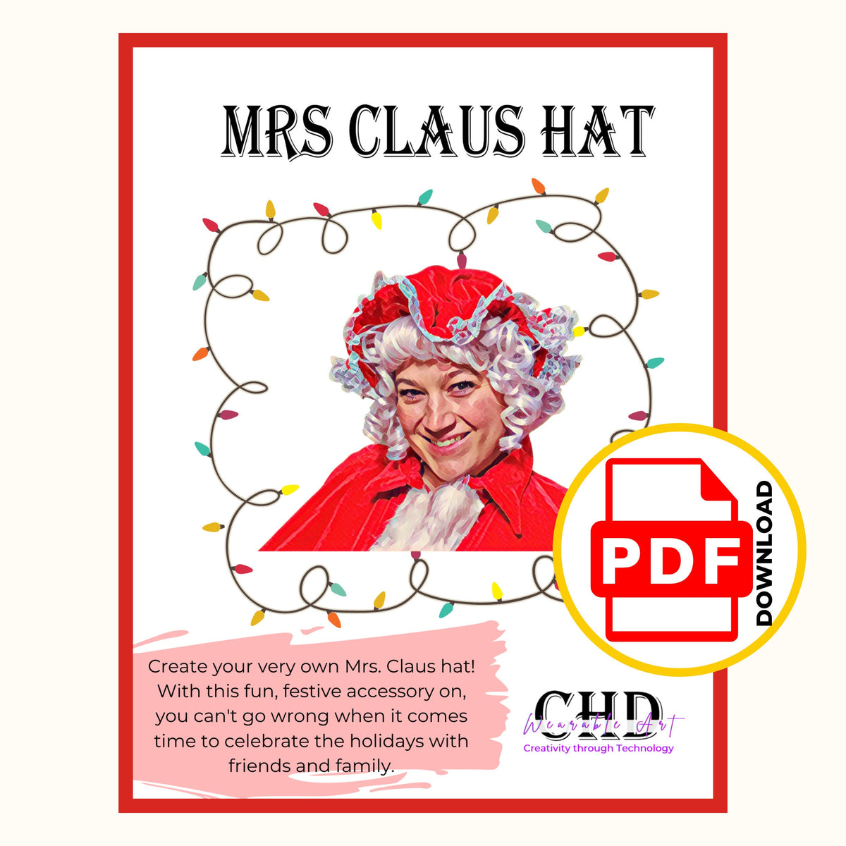 Mrs Claus hat PDF pattern cover framed with Christmas lights