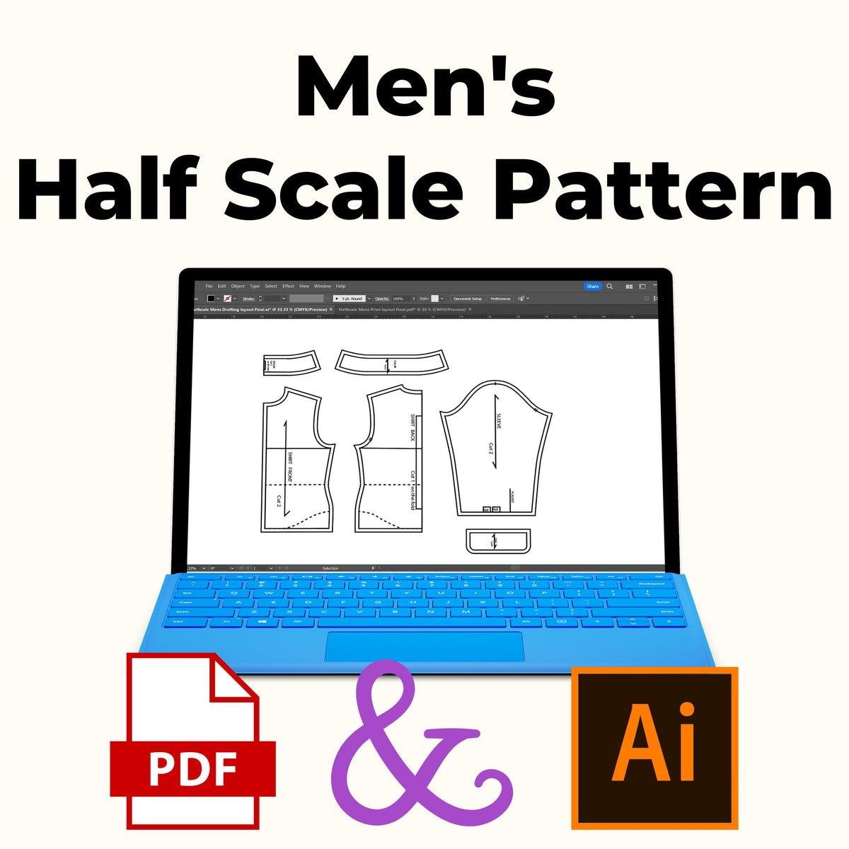 Men's half scale pattern shown on a laptop screen with PDF and Adobe Illustrator file icons