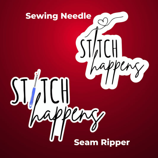 Stitch Happens sewing stickers with sewing needle and seam ripper designs on a red background